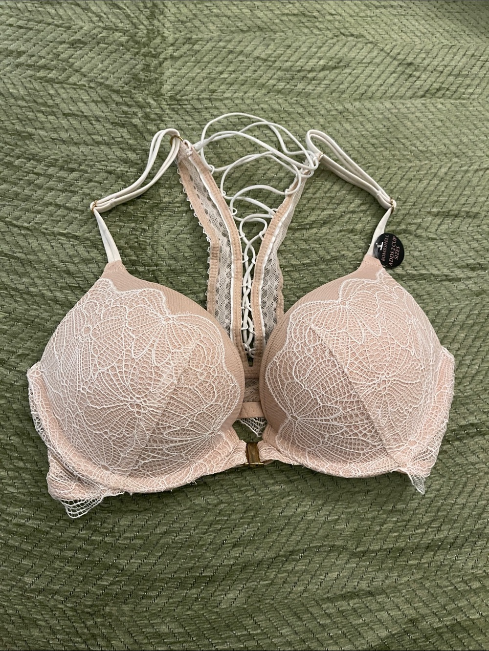 Victorias Secret Bombshell Adds 2 Cups Lace-Overlay Push-Up Bra in Beige/Cream